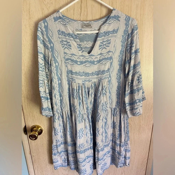 Grand Greece Blue & White Babydoll Bell Sleeve Dress Sz Large Made in Greece - Picture 1 of 12
